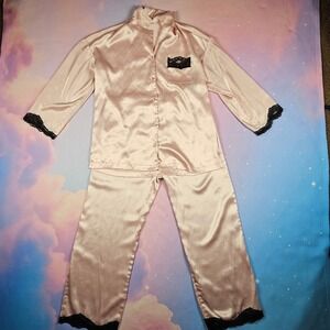 Victoria's Secret Pajama Set Women Pink Good Satin Lace Trim 2 Piece Loungewear